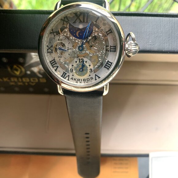 WATCH - NIB Akribos XXIV Watch Mens, Leather, AK451SS, Analog, SKELETON, DUAL - Picture 3 of 12